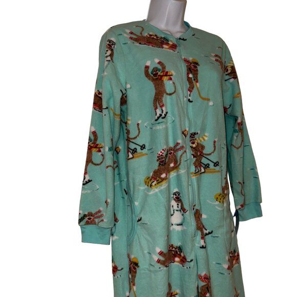 NWT Nick & Nora Pajamas Womens M Monkey Soft Fleece Unionsuit One Piece Green - Picture 5 of 11